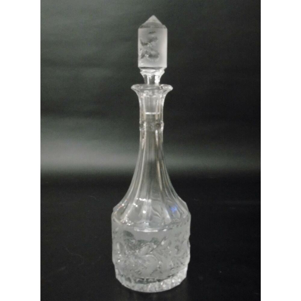 Glass Decanter Bottle & Stopper Orchid Flower Design 15" Wine Liquor Bottle Vtg